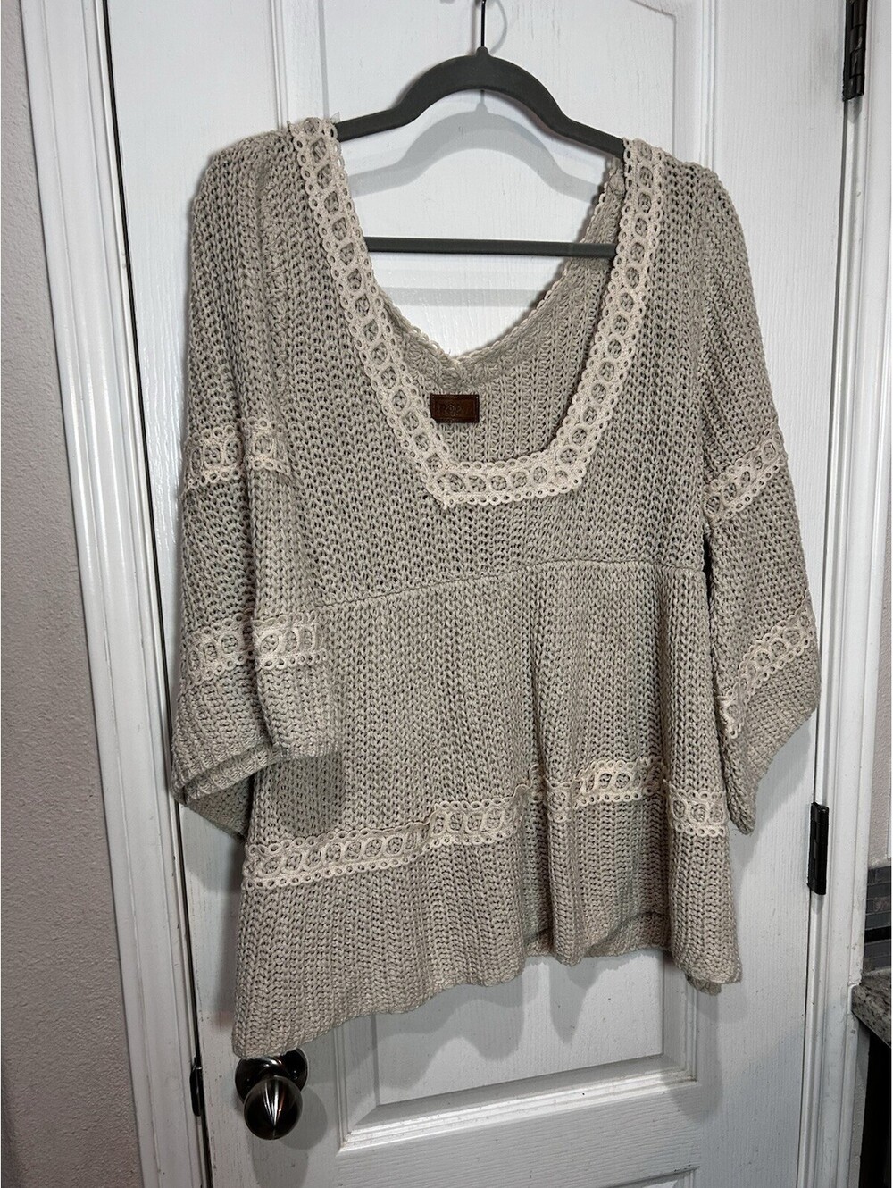 POL Clothing Open Knit Crochet Peplum Top Boho Lace Trim Tan Cream Boho Fairy M